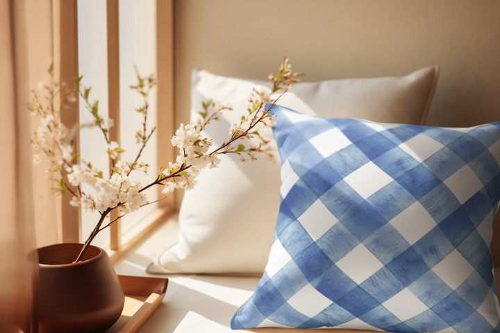 Blue Gingham Faux Suede Square Pillow