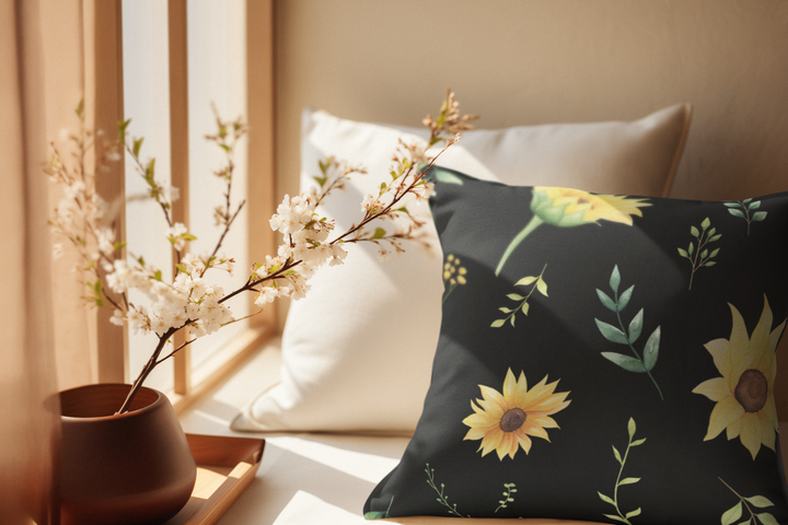 Midnight Sunflower Faux Suede Square Pillow