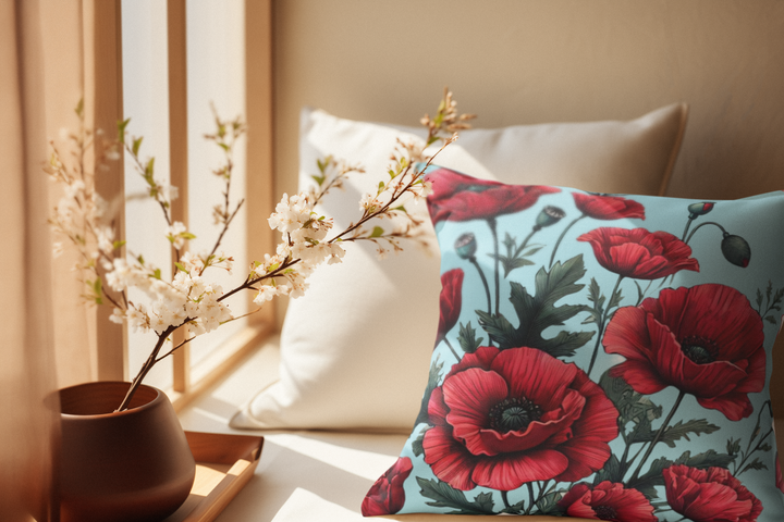 Red Poppies Faux Suede Square Pillow