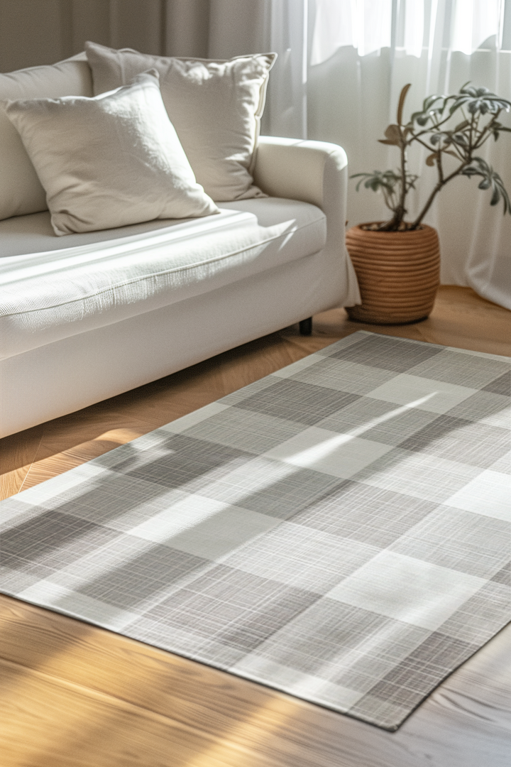 Grey and White Checked Area Rug