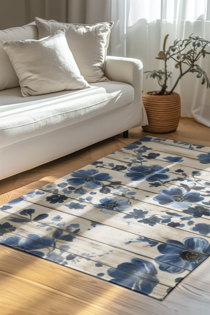 Rustic Blue Flowers Area Rug