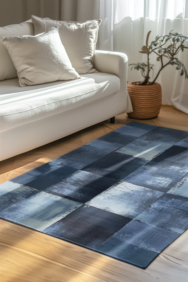 Abstract Blue Checkered Area Rug
