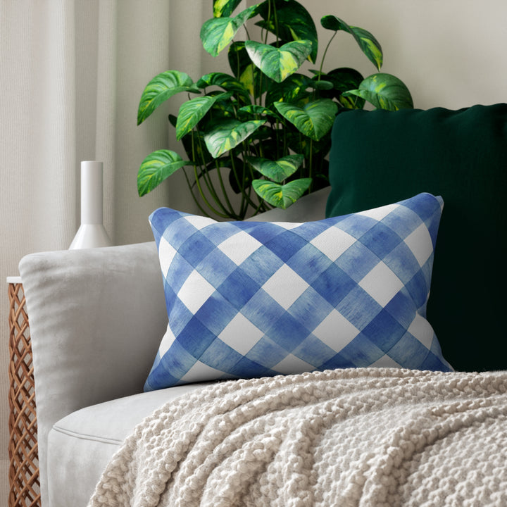 Blue Gingham Spun Polyester Lumbar Pillow